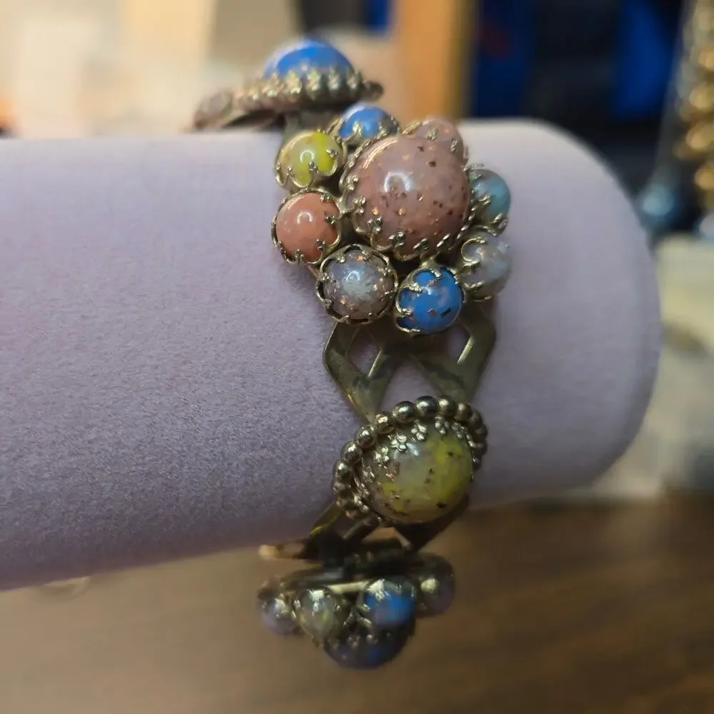Vintage Victorian Revival Jeweled Link Panel Bracelet Gold Tone Pastel Cabochon